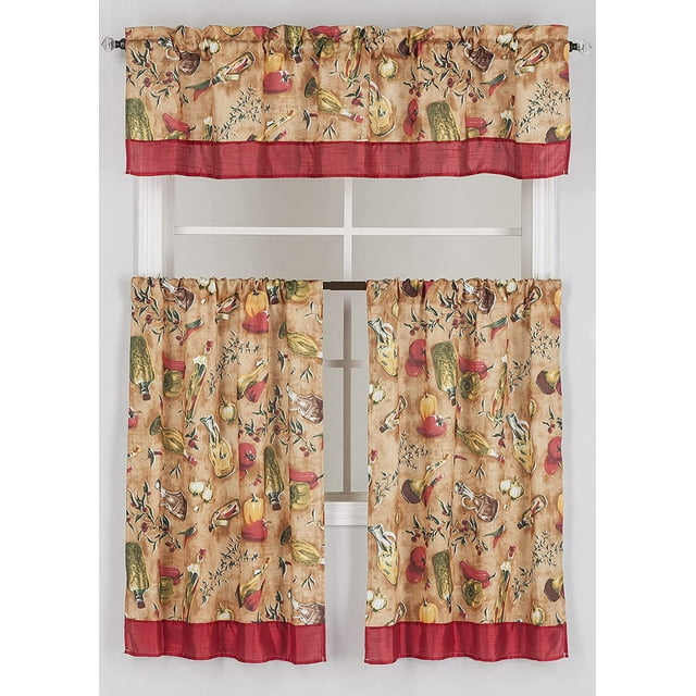 Kitchen Curtain Jacquard Printed Design 3pc Set (Includes 2 Tiers and 1 Valance) by ATI (Veggie Pirnt)
