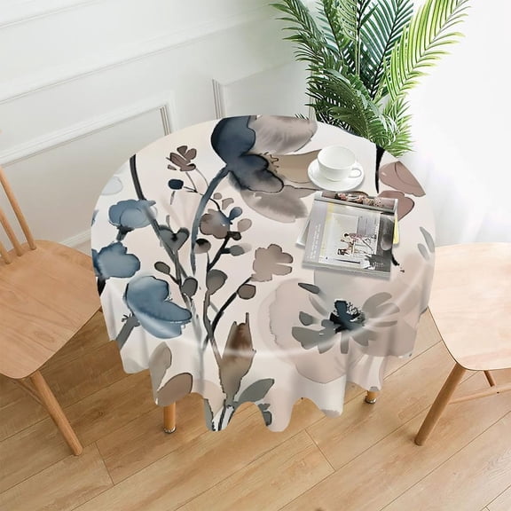 GooTPa 60 Inch Round Tablecloth, Blue Gray Watercolor Floral.jpg Premium Polyester Straight Edge Wrinkle Resistant Washable Table Cover for Home Dining Party Decor