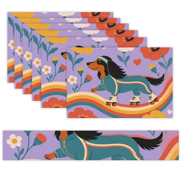 7 Piece Linen Table Runner and Placemats Set, Roller Skate Dachshund Round Corner Heat Resistant Washable Table Mats for Home Kitchen Dining Party Decoration