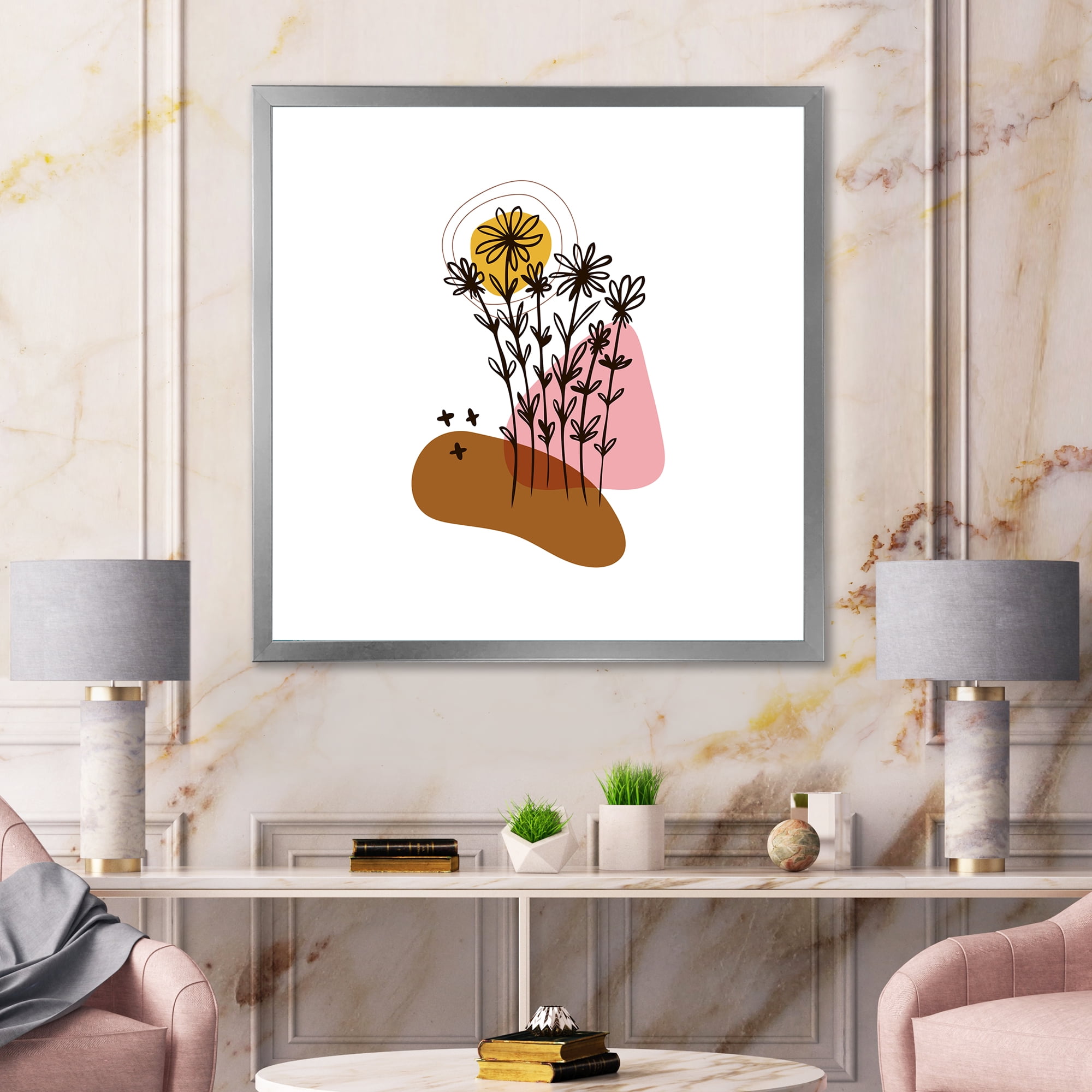 Designart 'Abstract Flowers Plants With Elementary Shapes I' Modern Framed Art Print