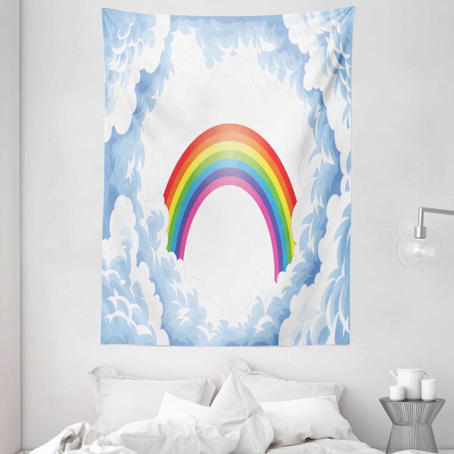 Cartoon Tapestry, Rainbow above Fluffy Cute Romantic Clouds for Kids