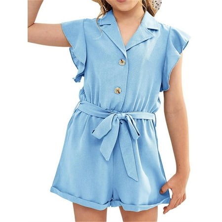 

Langwyqu Summer Girls Solid Ruffle Sleeve Jumpsuit Button Down Overall With Belt For 5-14 Years