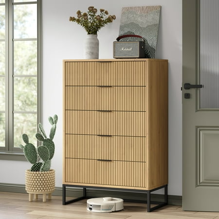 Furnihold Fluted 5 Drawers Dresser Storage Drawers Modern Closet Dressers Chest of Drawers Wood Storage Dresser Organizer for Bedroom