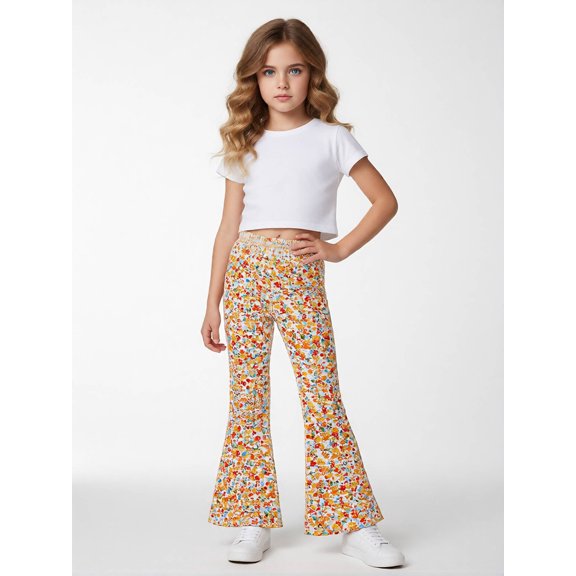 Girls Flare Pants, AI Digital Print Bell Bottoms,All-Season Sizes 3-13Y