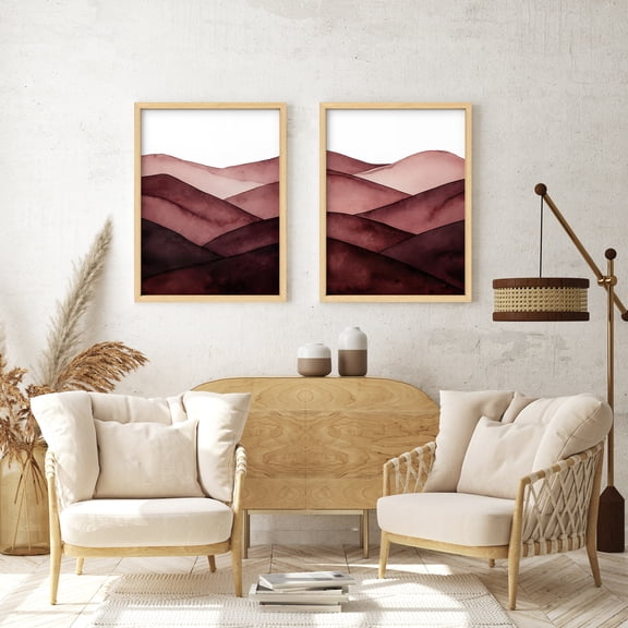 Framed Print Wall Art Set of 2 - Abstract Mountain Landscape Poster Art - 2 Pieces Nature-Inspired Modern Wall Decor for Living Room - 12"x16"x2 Natural