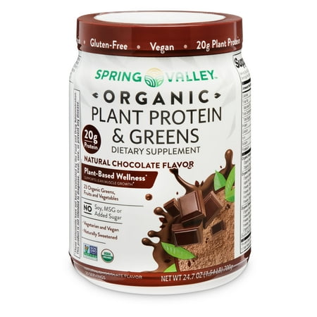 Spring Valley Organic Plant Protein & Greens Dietary Supplement, Natural Chocolate Flavor, 24.7