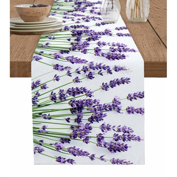 Botanical Lavender Table Runner Cotton Linen 48 Inch Holiday Dresser Scarves, Spring Budding Flowers Florals Tablerunner for Kitchen Coffee Dining Bedroom Living Room Dinner Scarf Décor 13''x48''
