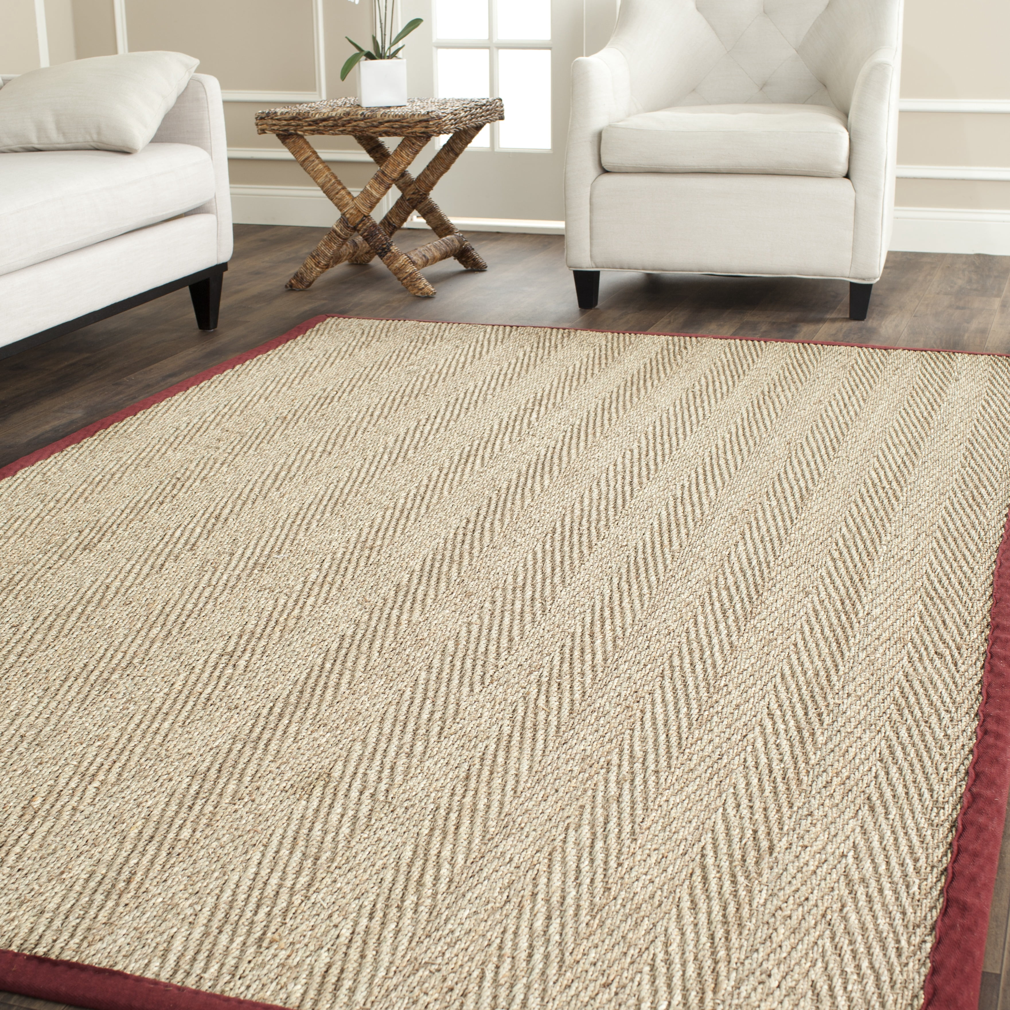 SAFAVIEH Natural Fiber Maisy Solid Area Rug, Natural/Burgundy Red, 6' x 6' Square