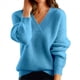 thumbnail image 1 of Suéteres de Cuello en V para Mujer, Blusa Holgada Informal de Punto de Larga, para Otoño. Azul Lago L, 1 of 3
