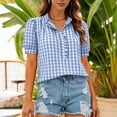 thumbnail image 4 of TEAJOPSUU Plaid Tops for Women V Neck Short Sleeve Button Down Placket Shirts Trendy Puff Sleeve Solid Color Blouses Light Blue, 4 of 8
