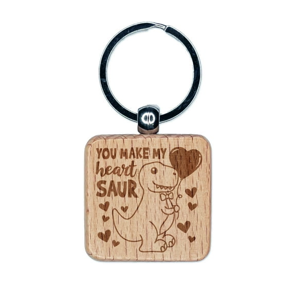 You Make My Heart Saur Soar Dinosaur Valentine's Day Square Keychain Charm Tag - Engraved Wood