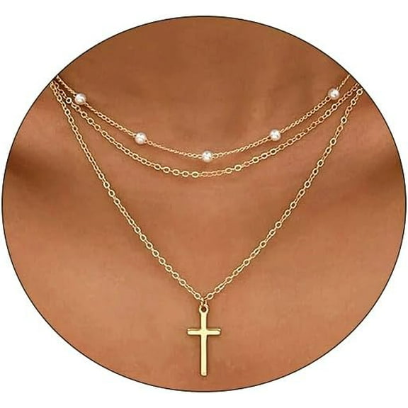 Cross Necklace for Women 14K Gold Plated Layered Necklace Pearl Bead Chain Set Dainty Simple Choker Trendy Cute Gold Cross Pendant Faith Jewelry Gift