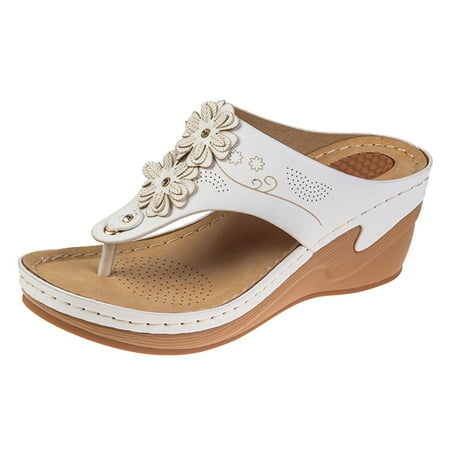 

TOWED22 Womens Flip Flops High Heel Wedge Sandals Sparkly Jewels Beach Wedding Shoes(White 7.5)