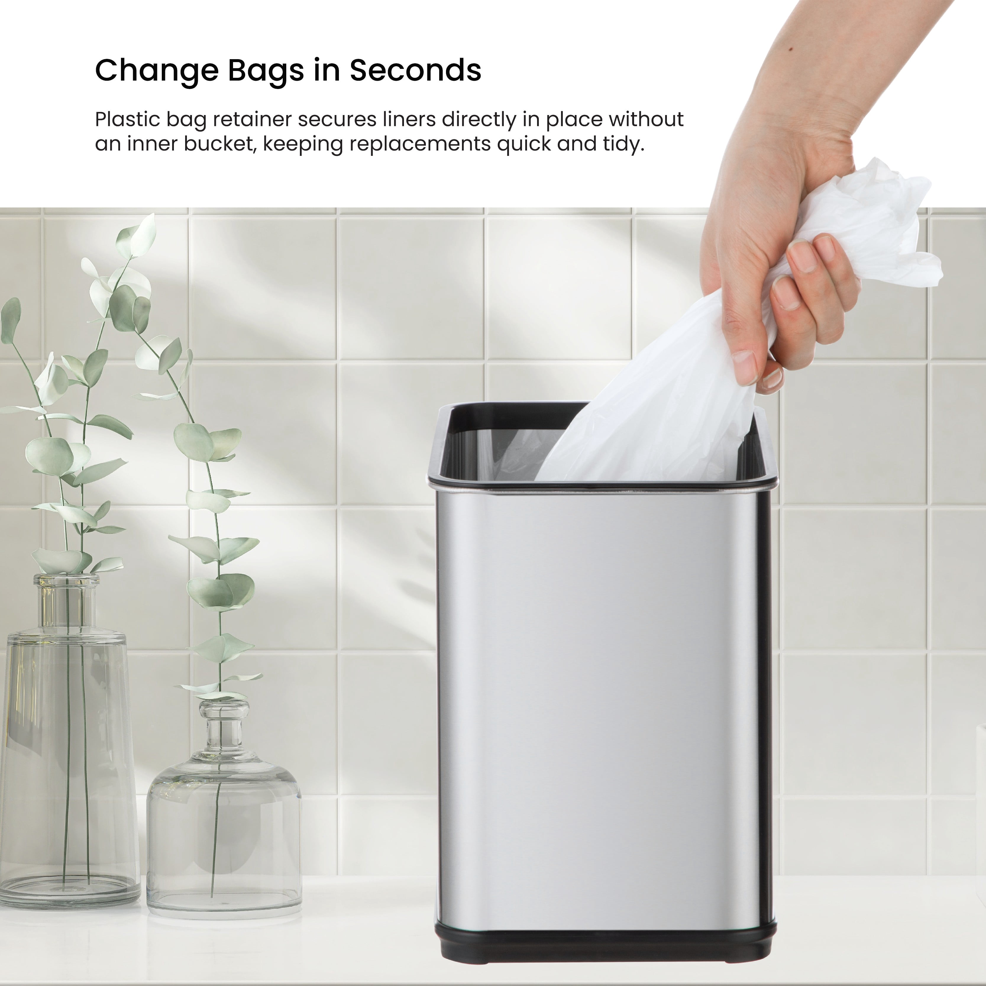 Home Zone Living 2 Gallon Slim Sensor Trash Can with Butterfly Lid and Touch Controls, Rectangular Stainless Steel, Silver