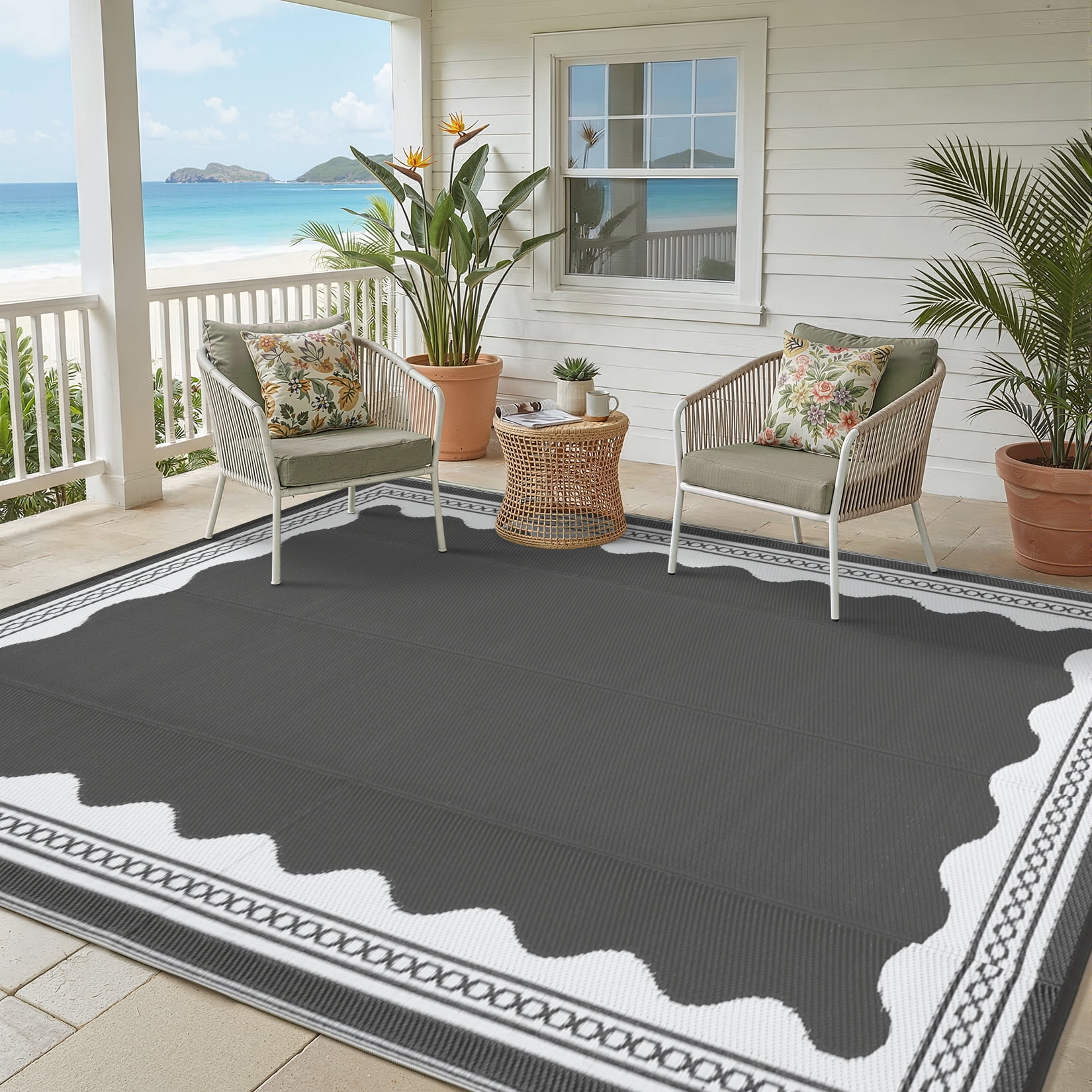 Garvee Outdoor Rug 8x10ft Modern Bordered Reversible Plastic Straw Rug, Waterproof RV Camping Rug Foldable Patio Rug for Deck Porch Balcony Backyard Picnic Beach, Gray/White