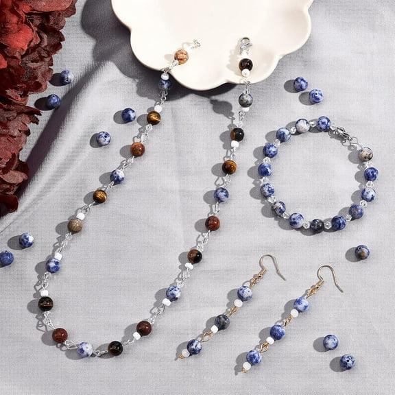 About 94Pcs 8mm Frosted Nature Stone Beads Nature Blue Spot Jasper Round Beads Gemstone Loose Beads for Bracelet Necklace Jewelry Making (Hole: 1mm)