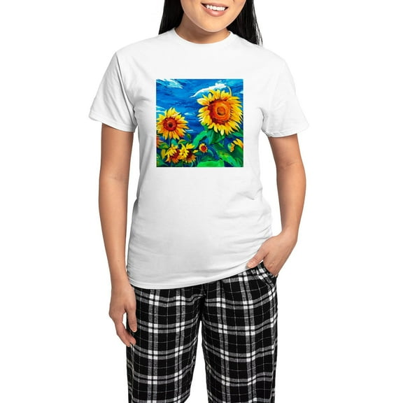 CafePress - Sunflowers Painting Pajamas - Women's Short Sleeve Print T-Shirt and Pants Light Cotton Pajama Set