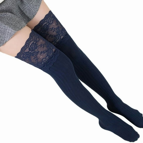 TELOLY 2026 New Sheer Socks Women Lace Trim Thigh High Over the Knee Socks Long Cotton Warm Stockings Nylons for Women (Navy Blue,One Size)