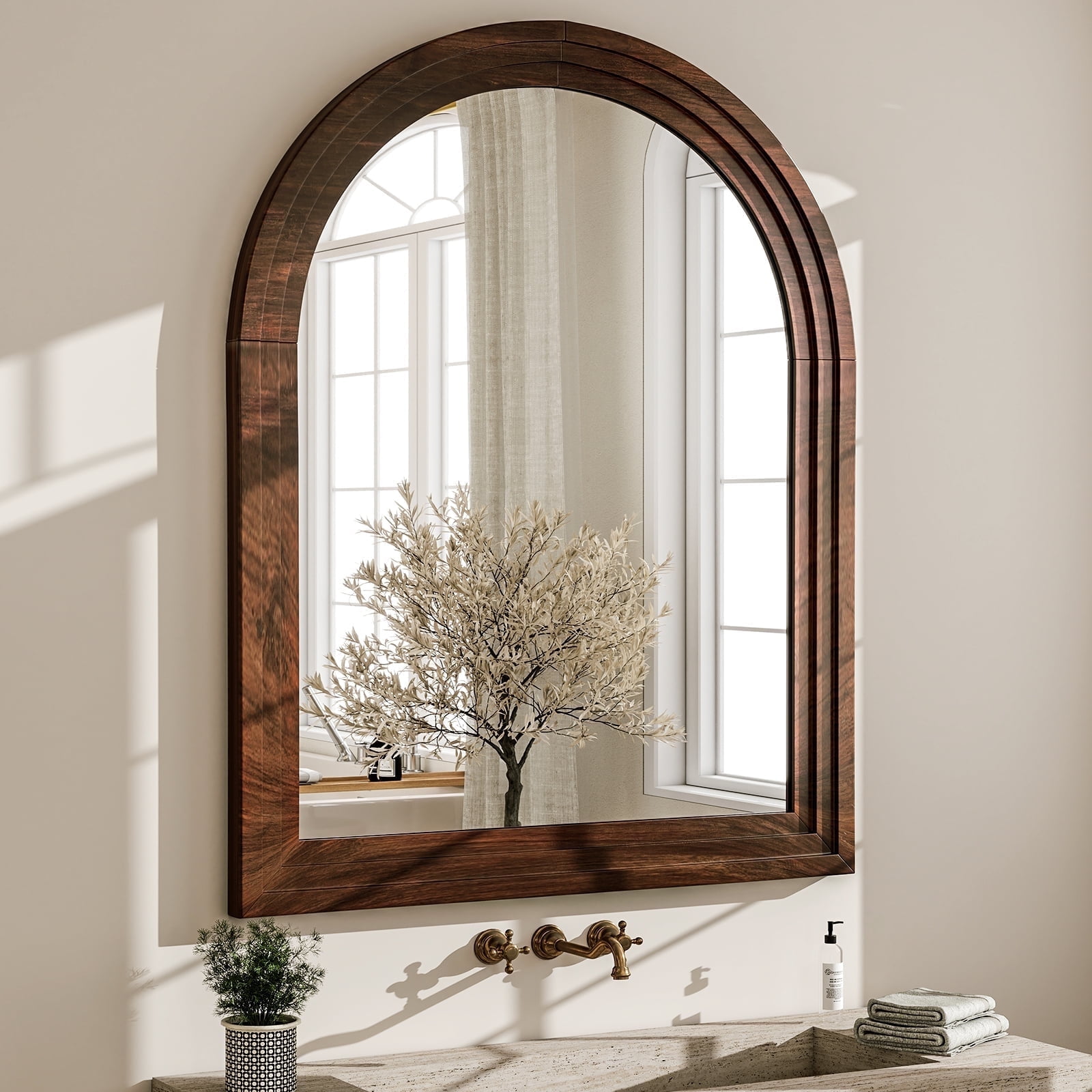 BeautyPeak 40" x 30" Arched Wooden Frame Bathroom Mirror, Brown photo 2