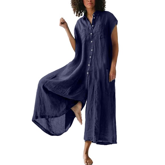 Womens Solid Color Casual Short Sleeved Medium Length Cotton Linen Shirt Jumpsuit