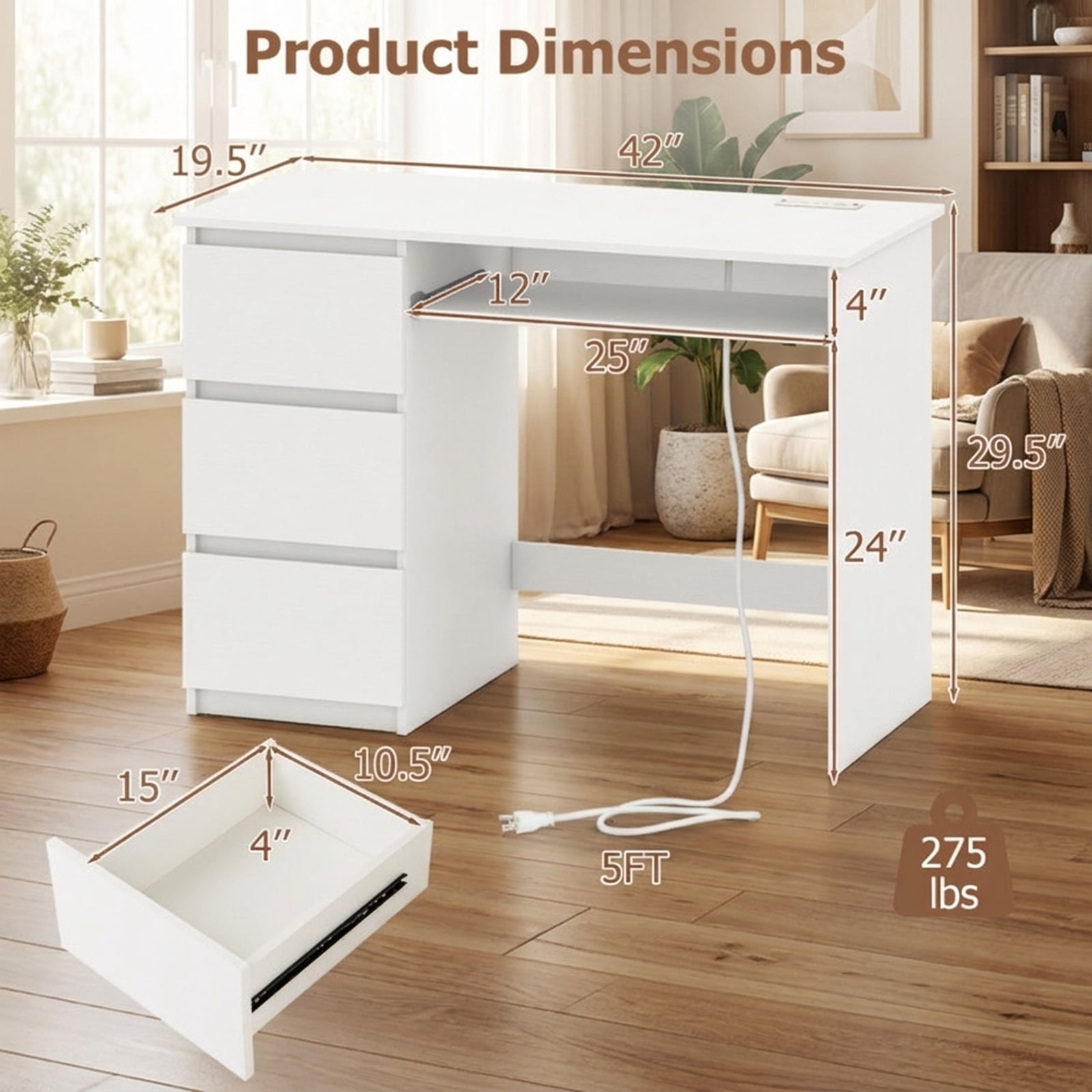 Furnibear Computer Desk with Power Outlet Keyboard Tray and 3 Large Drawers, White