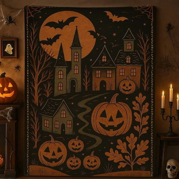 ViciArt Halloween Throw Blanket, 30"x40" Fleece Vintage Haunted Castle & Jack-O’-Lantern Design, Spooky Fall Decor