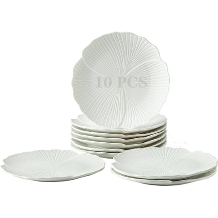 8 Inch Dessert Plates Set of 10, Ceramic Salad Plates, Lotus Shaped Appetizer Plate, Small White Dinner Plates for Cake Waffles Snacks Side Dish, Oven Microwave Dishwasher Safe