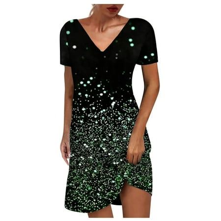 

YanHoo Women s Beach Sundress Short Sleeve V Neck Mid Thigh Length Dress Casual Summer Print Dress