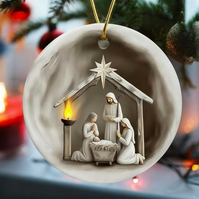 Christmas Nativity Scene Hanging Ornament, for Holiday Decorations, Transparent Colored Acrylic, round Window and Tree Pendants, 1 Pc