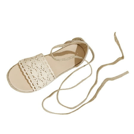 

ZTTD Ladies Fashion Summer Cloth Hollow Lace Cloth Surface Open Toe Ankle Strap Flat Bottom Sandals Beige