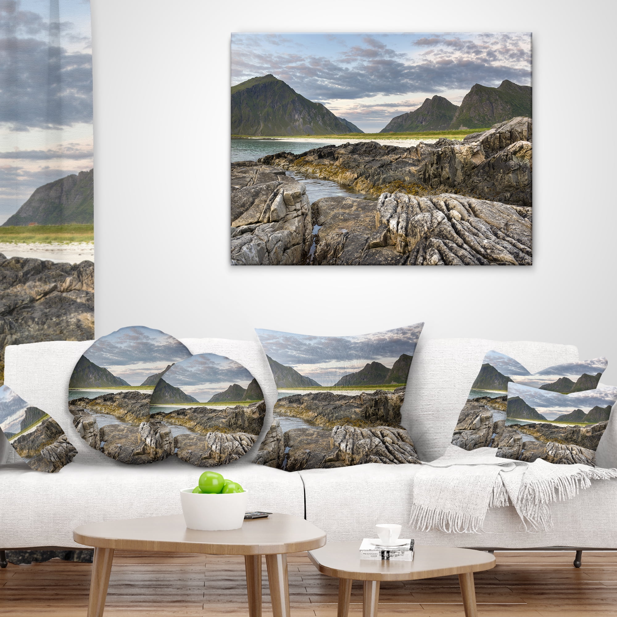 Designart Rocky Coastline on Lofoten - Landscape Photography Throw Pillow - 18x18