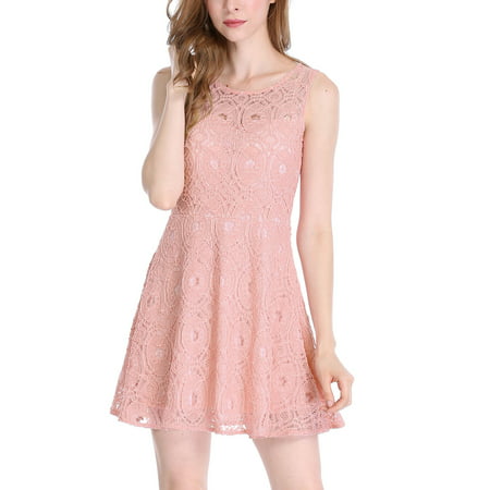 Women Sleeveless Semi Sheer Yoke Floral Lace Mini Flare Dress | Walmart ...