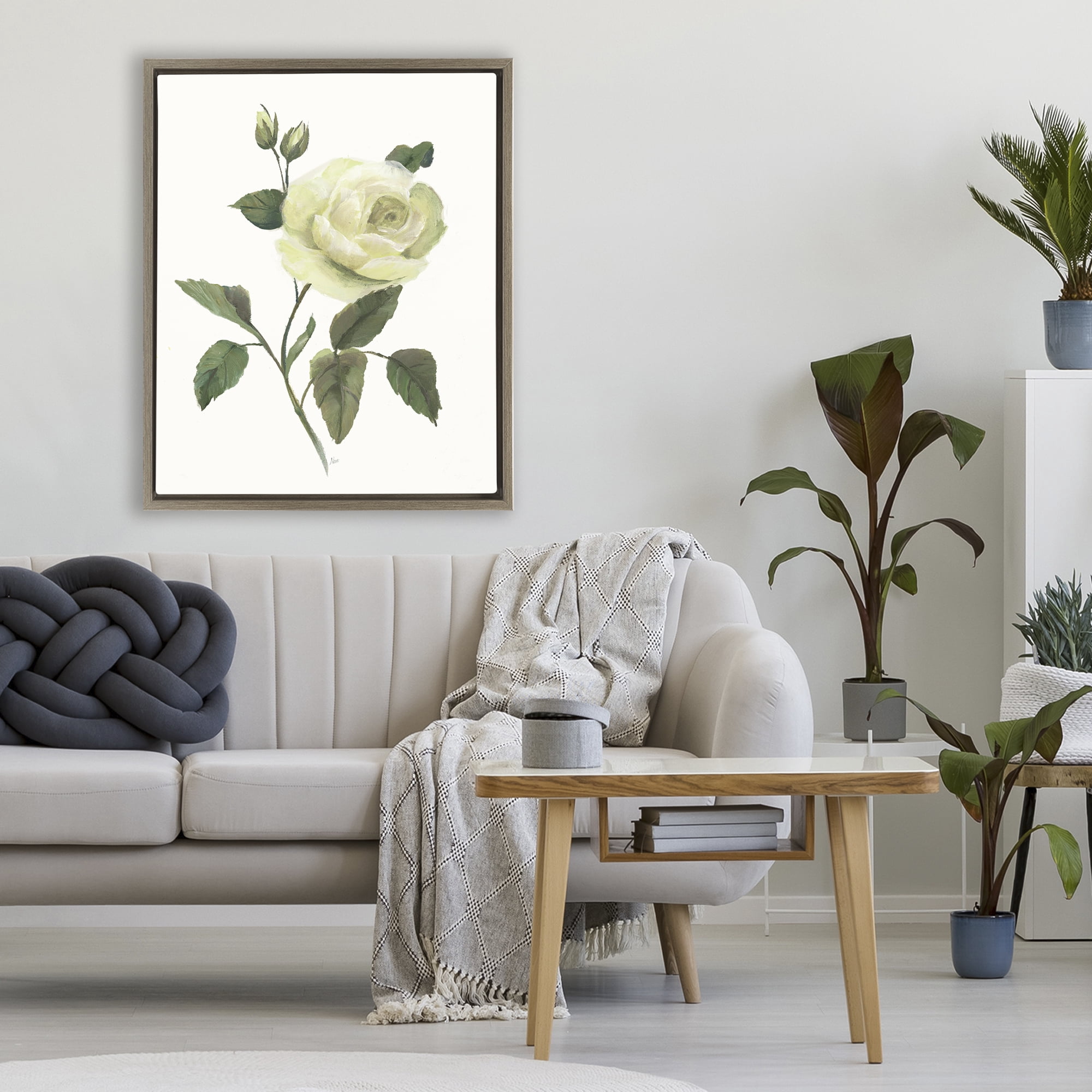 Stupell Industries Cream Garden Rose with Buds Brown Framed Floater Canvas Wall Art, design by Nan