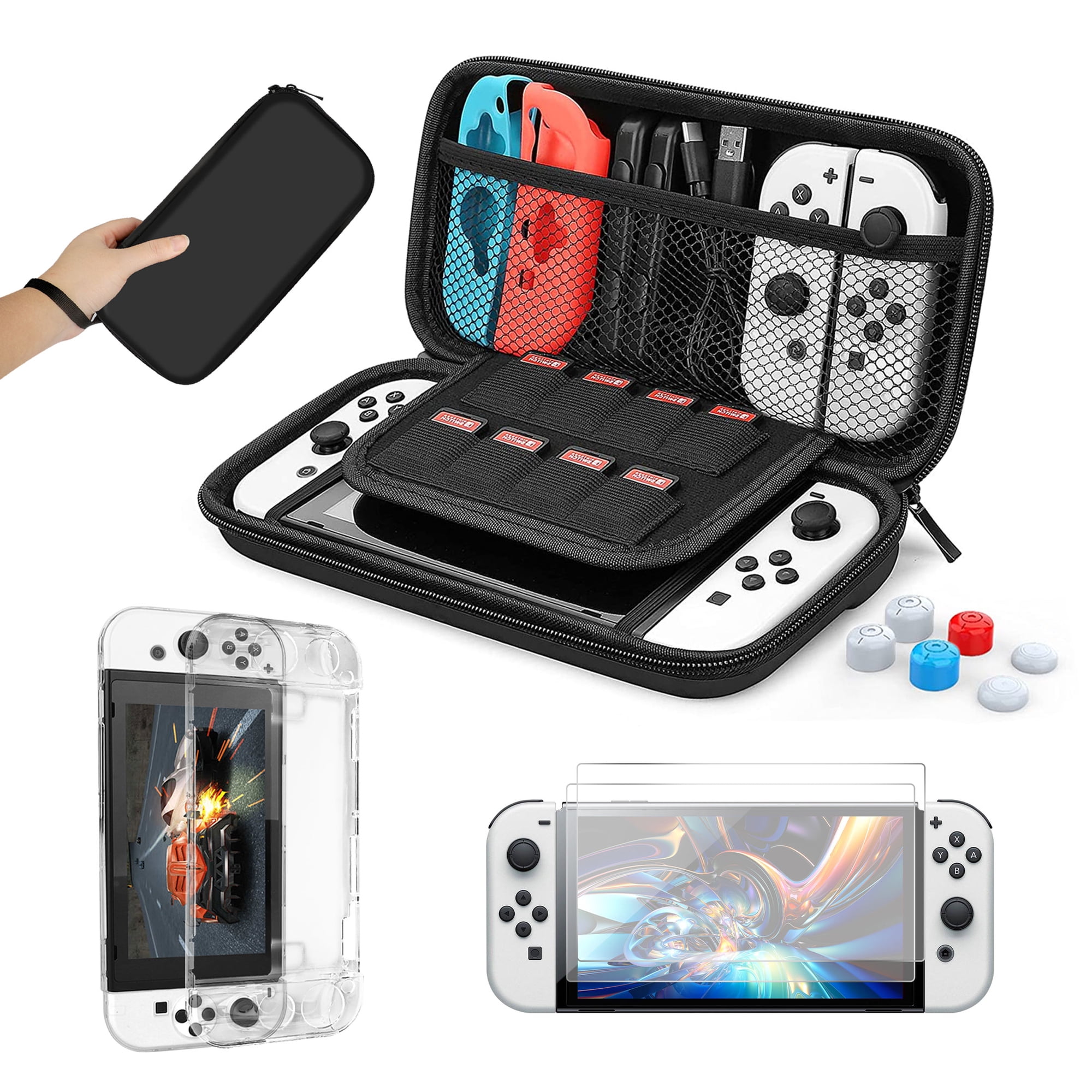 TSV 13-in-1 Accessories Bundle Fit for Nintendo Switch OLED – Travel Carrying Case Bag, Dockable Protective Cover, HD Screen Protector & Thumb Grips