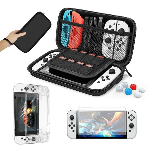 TSV 13-in-1 Accessories Bundle Fit for Nintendo Switch OLED – Travel Carrying Case Bag, Dockable Protective Cover, HD Screen Protector & Thumb Grips