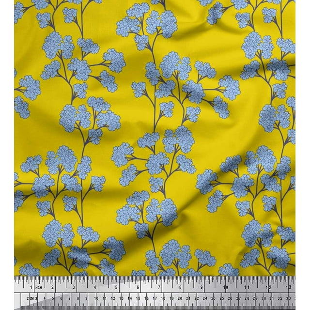 Soimoi Moss Georgette Fabric Yellow Blue Flower Floral Printed Fabric 1 Yard 42 Inch Wide