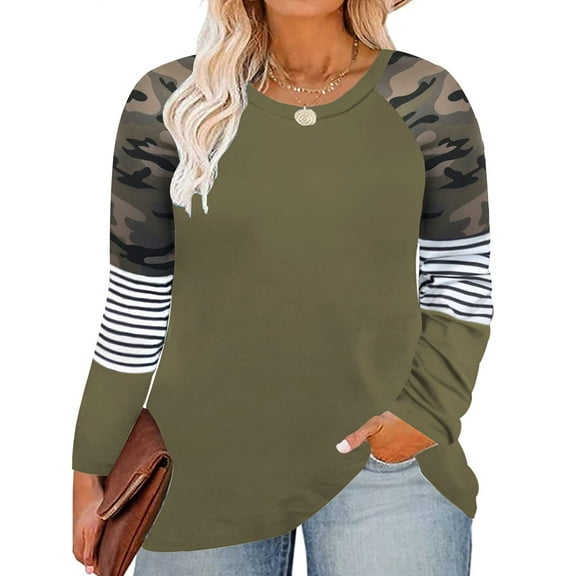 TIYOMI Plus Size Long Sleeve Tops For Women 3X Camo Shirts Color Block Striped Causal Blouses Round Neck Army Green Tee Early Spring Fall Winter Pullover 3XL 20W 22W