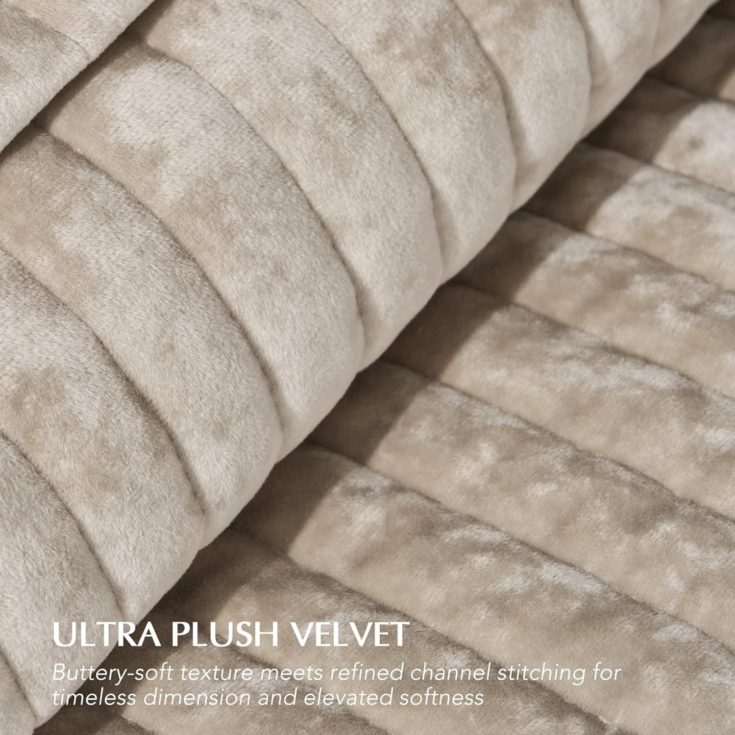 EVERGRACE Velvet Quilt Set California King 118'' x 106'', Luxurious Soft Striped Channel Bedding Set, Lightweight Velvet Comforter, Oversized Bedspread Coverlet with 2 Shams, Beige Taupe