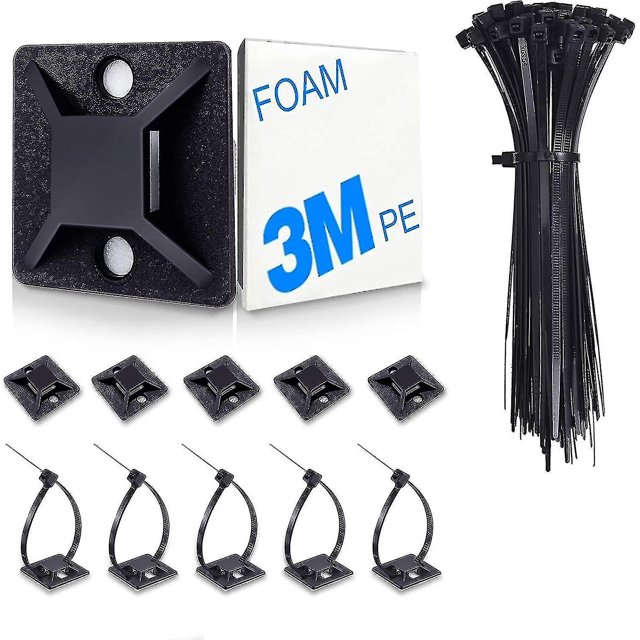 Paquete de 100 soportes de brida con bridas, soportes con respaldo autoadhesivo para soporte de alambre, clips de administración de cables negros Anclajes de pared