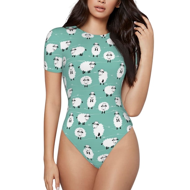 Fotbe Cute Sheeps Body de Mujer con Cuello Redondo y Mangas Cortas, Sin Mangas Ajustado, Suave, Cómodo y Básico-Medium
