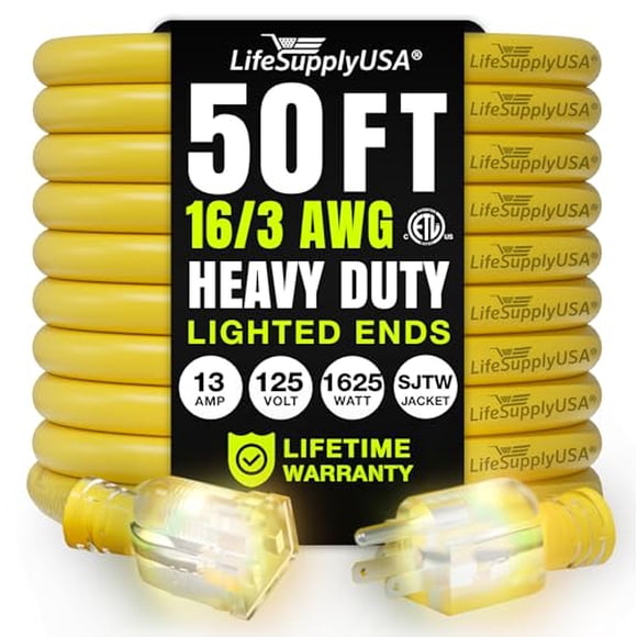 Cable de extensión LifeSupply USA, 50 pies, calibre 16/3, 125 V, 1625 W