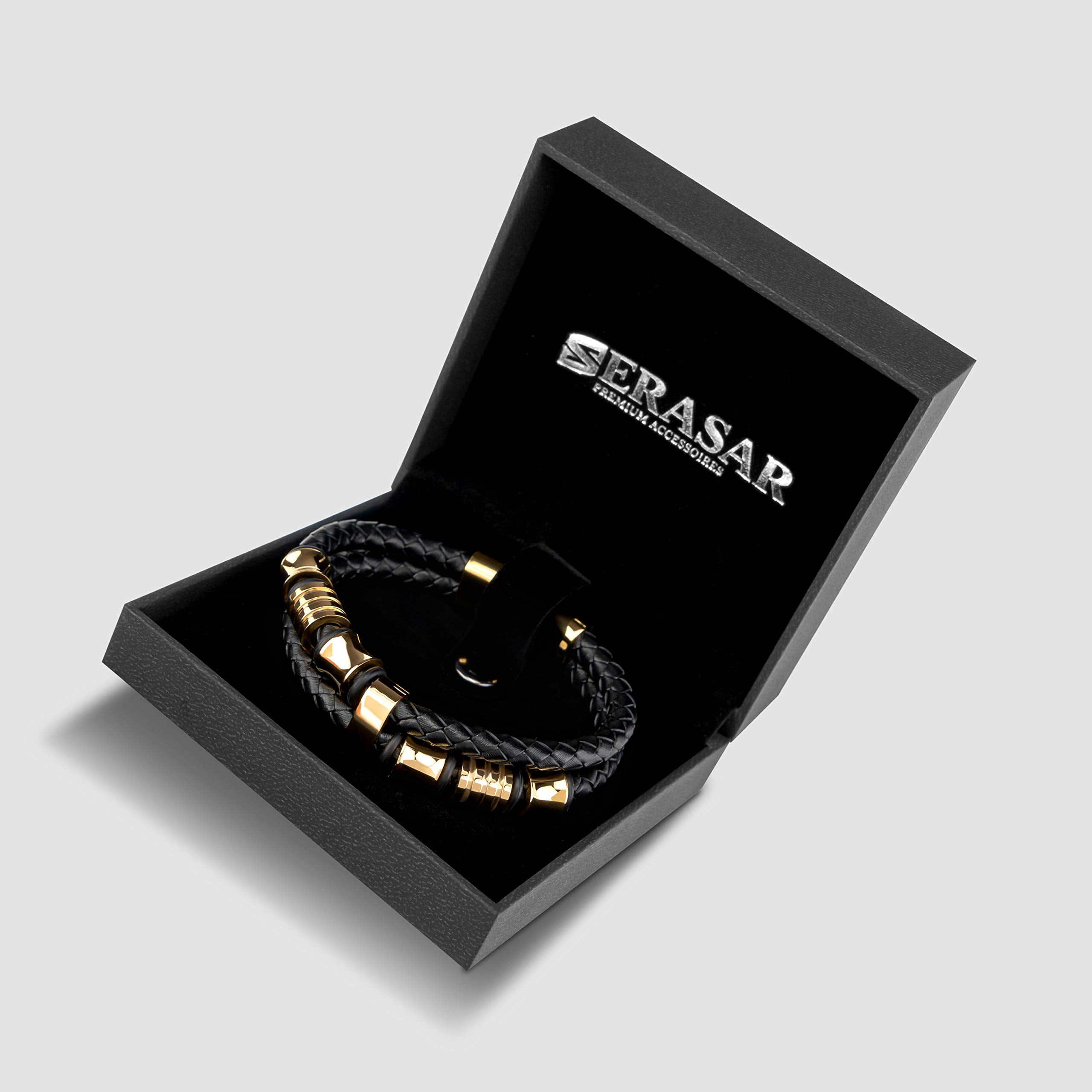 SERASAR Men's Premium Leather Bracelet "Spirit" with stainless steel magnetic closure, Gold 23cm, including gift box