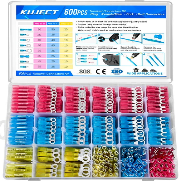 Kit de conectores de cable termorretráctiles Kuject, 600 piezas, impermeables