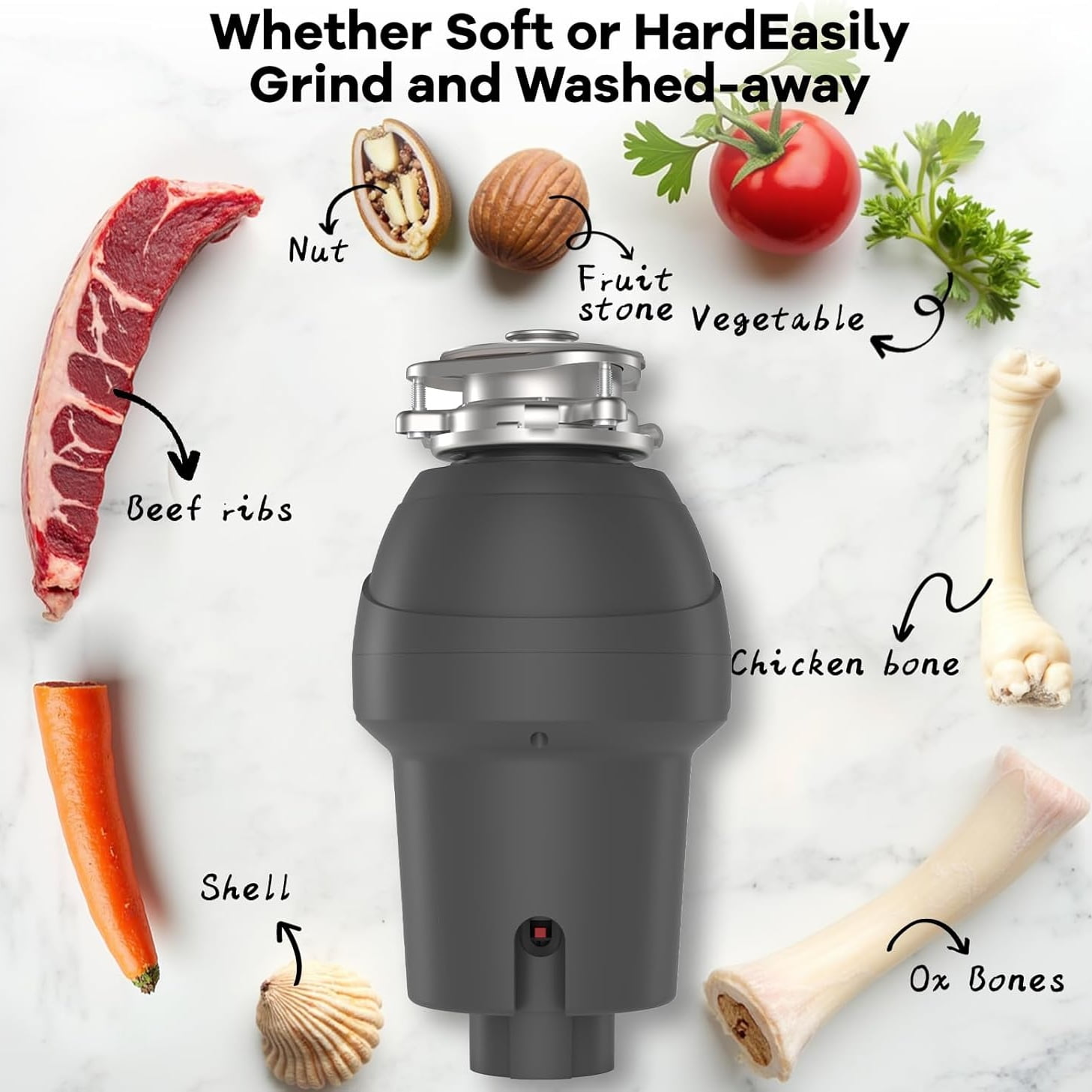Home Kitchen Garbage Disposal 1 H P 1/2 H P 3/4 H P , Continuous Feed Food Waste Disposer with Air Switch & Flange Seal, Stainless Steel Garbage Disposer, Compact Food Waste Grinder for Kitchen Sink