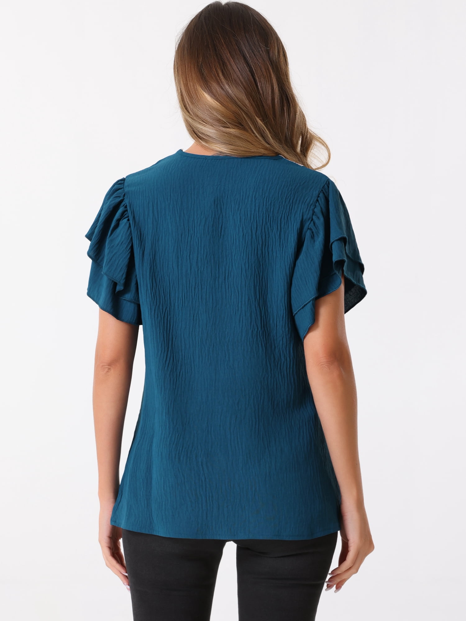 DARING DIVA Women's Ruffle Short Sleeve Elegant V Neck Blouse XL Dark Blue