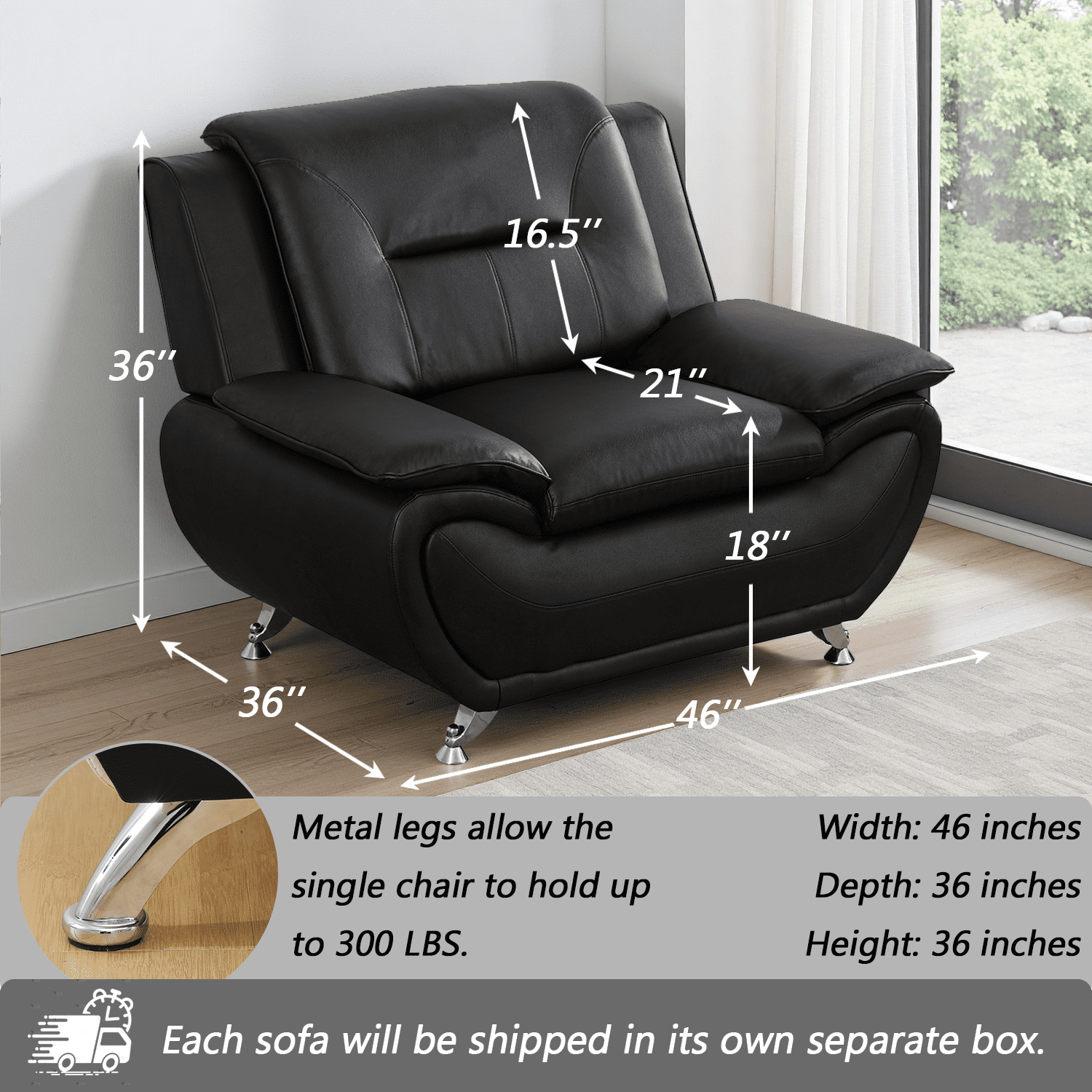 Caberryne Leather Couch Set,Modern Sofa for Living Room Furniture Sets,46" Modern Chair for Living Room/Office/Bedroom/Apartment(Black)