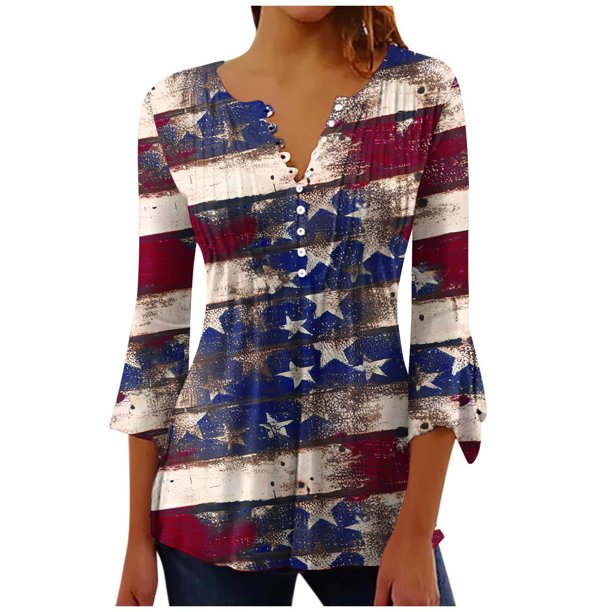 Blusas de Manga Corta para las Mujeres Impresas 3/4 Manga Cuello Redondo Blusa Casual, Ligero Diario Superior