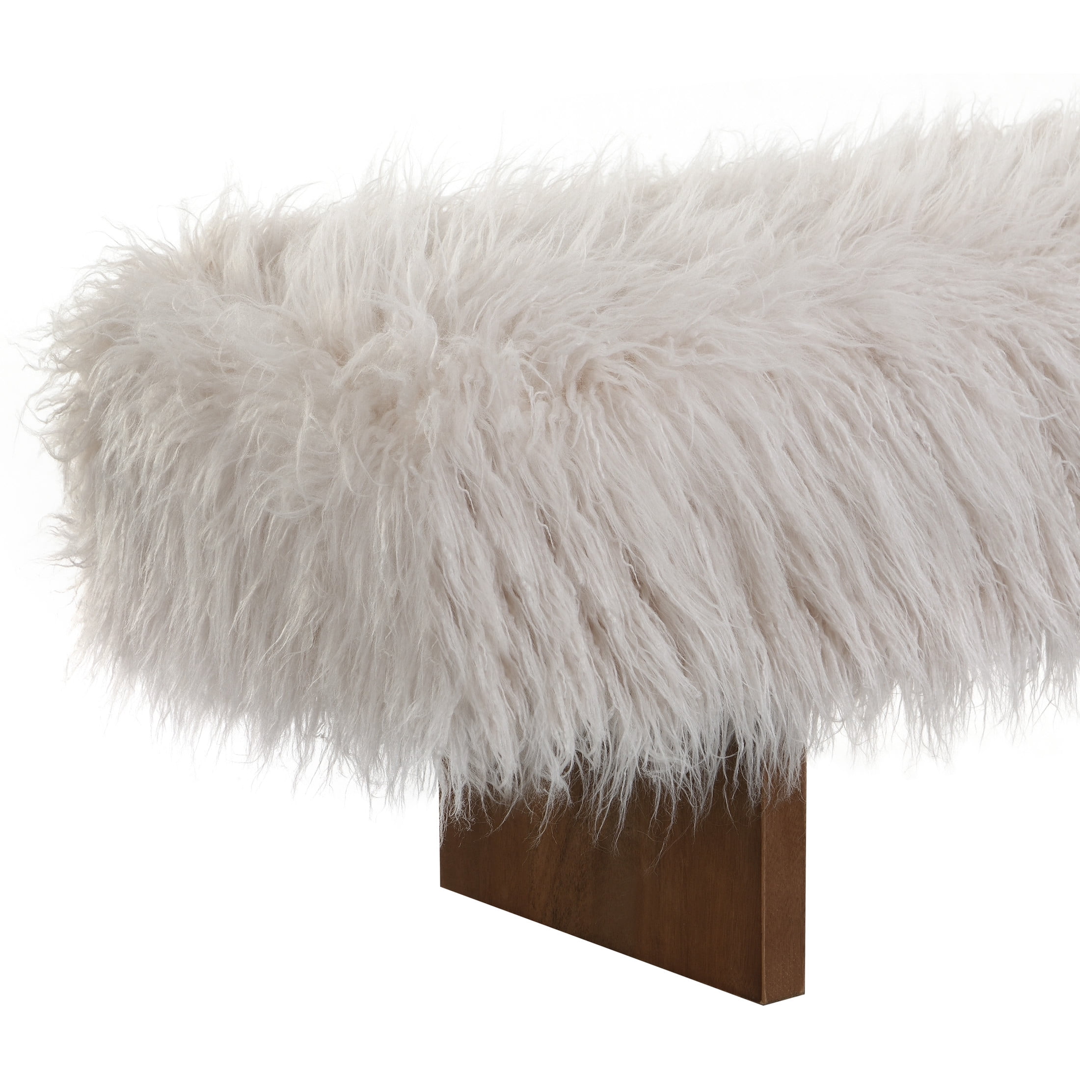 Christopher Knight Home 67" Wooden Bench with Long-Haired Faux Wool Upholstery, 3-Person Seat, Brown+White