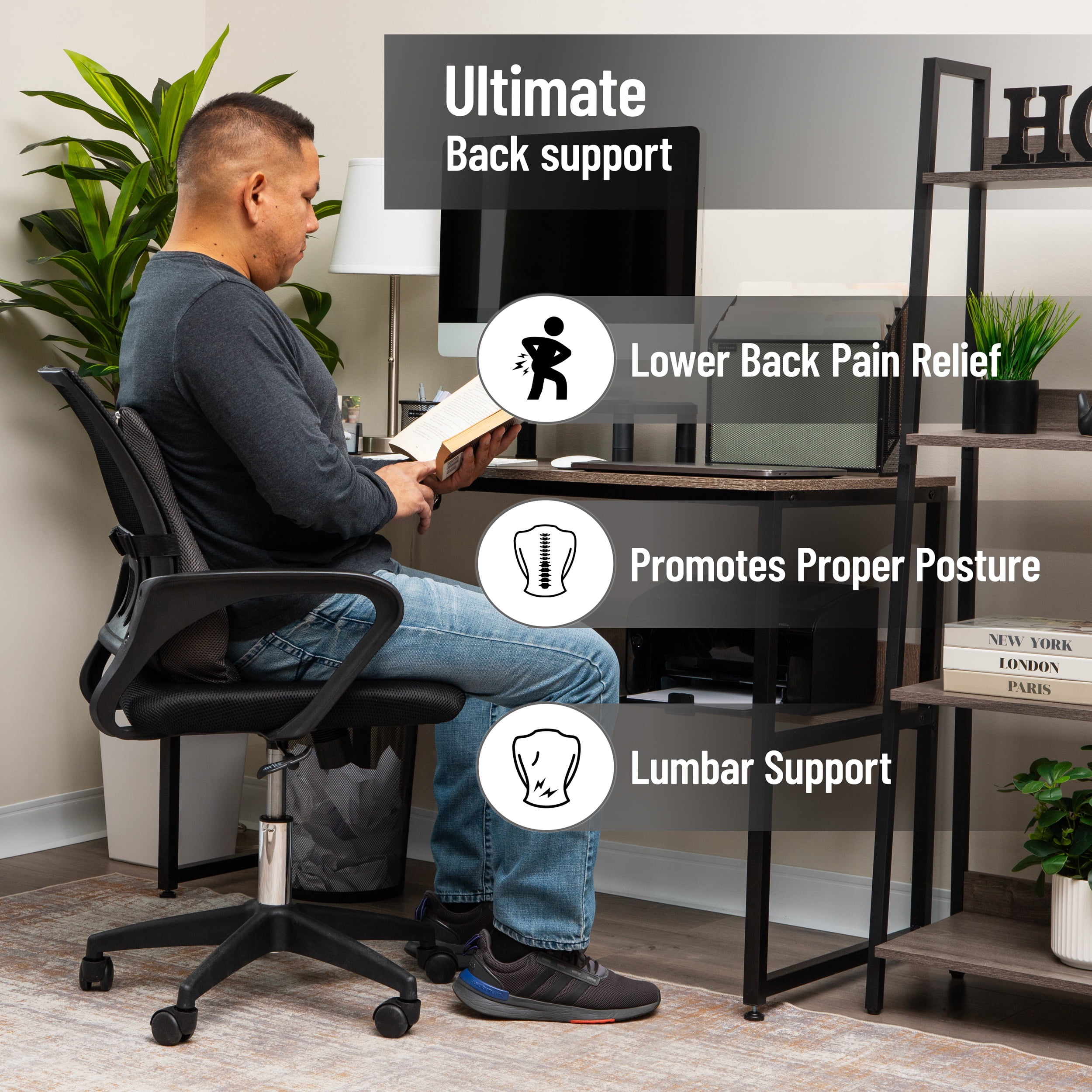 Mind Reader Air-Cloud Lumbar Cushion, Ergonomic Memory Foam 14.5"L x 5"W x 18.5"H, Gray