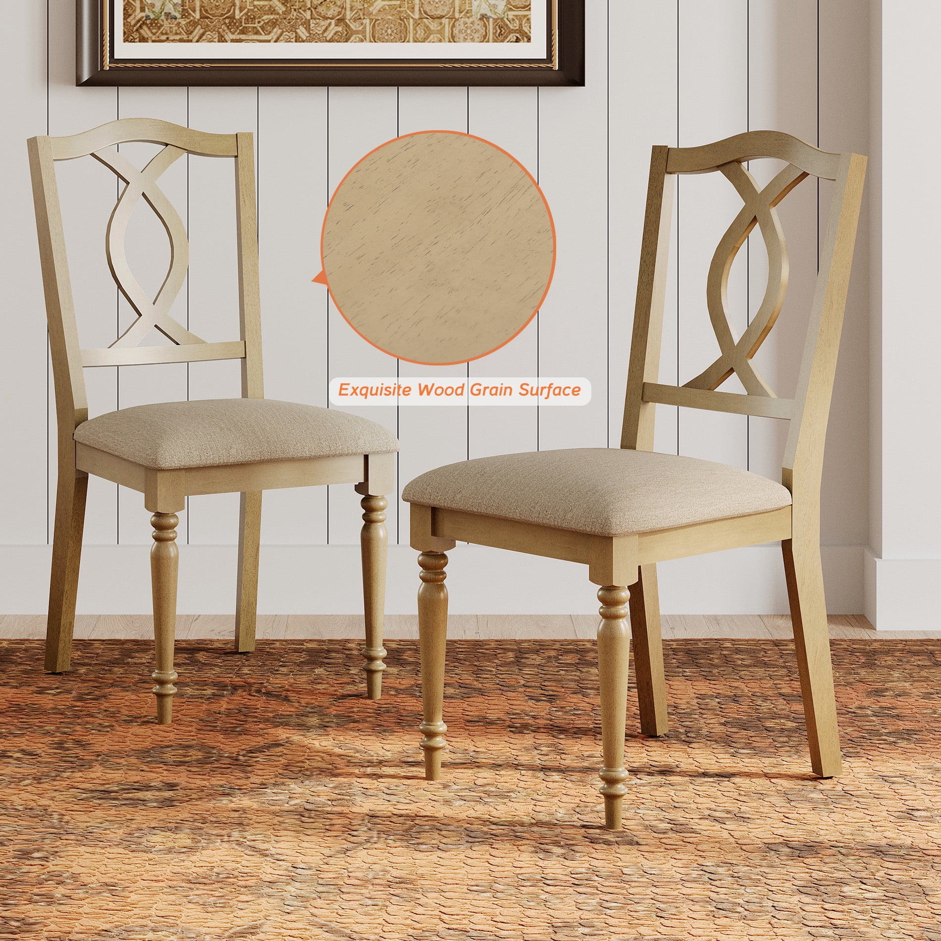 Set of 6 Dining Chairs with Cross-Back & Upholstered Seat, Farmhouse Kitchen Chair with Solid Wood Legs for Dining Room, Oak